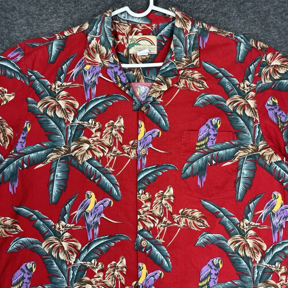 Vintage Paradise Found Hawaiian Shirt Mens XL Red Parrots Magnum PI Made in USA